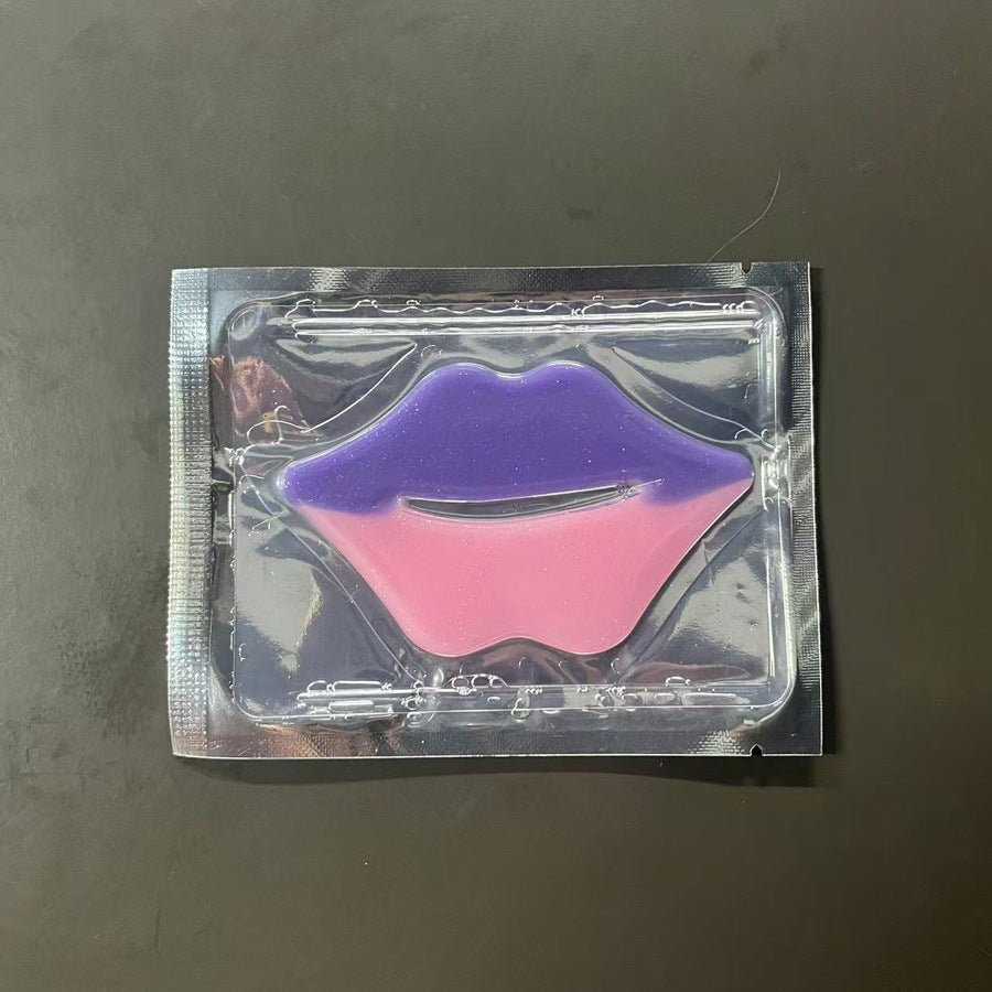 Purple and pink hydrogel jelly lip mask patch in clear packaging