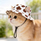 Pet bucket sun hat with ear holes and chin cord in a purple and white check