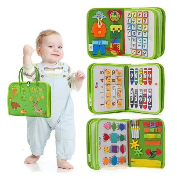 Montessori felt board page with a clock and a dressing panel