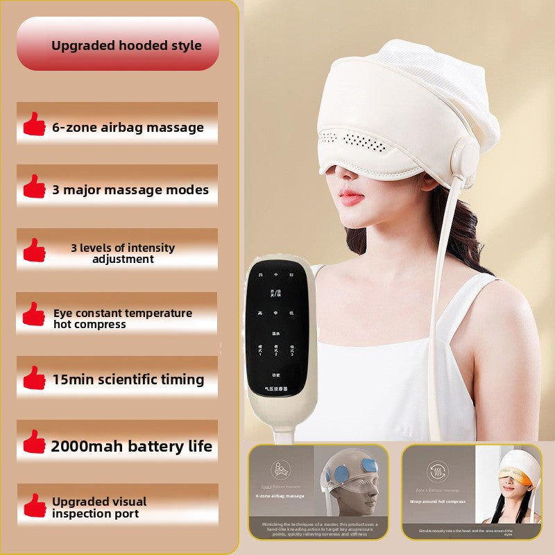 Cream hooded head and eye massager with its wired button handset shown worn on the head