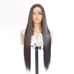 Dark brown long straight lace front wig on a mannequin head, front view showing the lace hairline