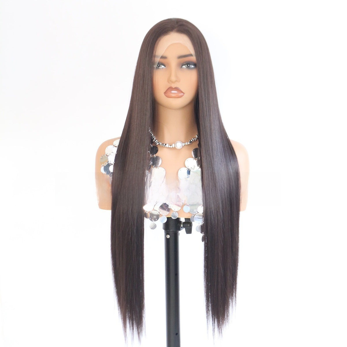Dark brown long straight lace front wig on a mannequin head, front view showing the lace hairline