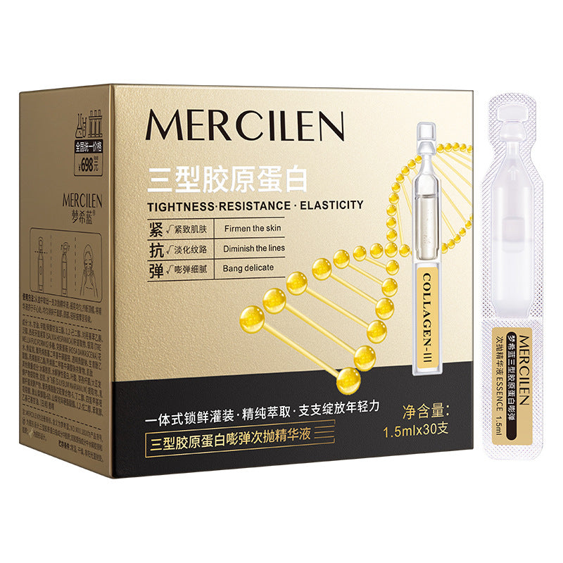 Angled gold collagen essence box beside a clear single-use stick labeled collagen three