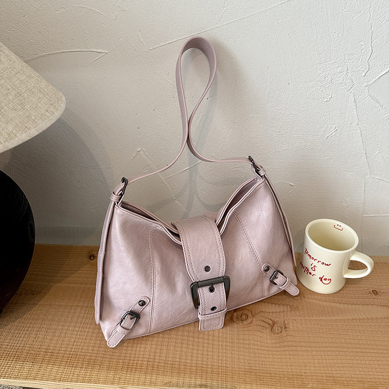 Pink soft vegan leather hobo bag with front buckle strap, wide strap and side buckles, option Pink