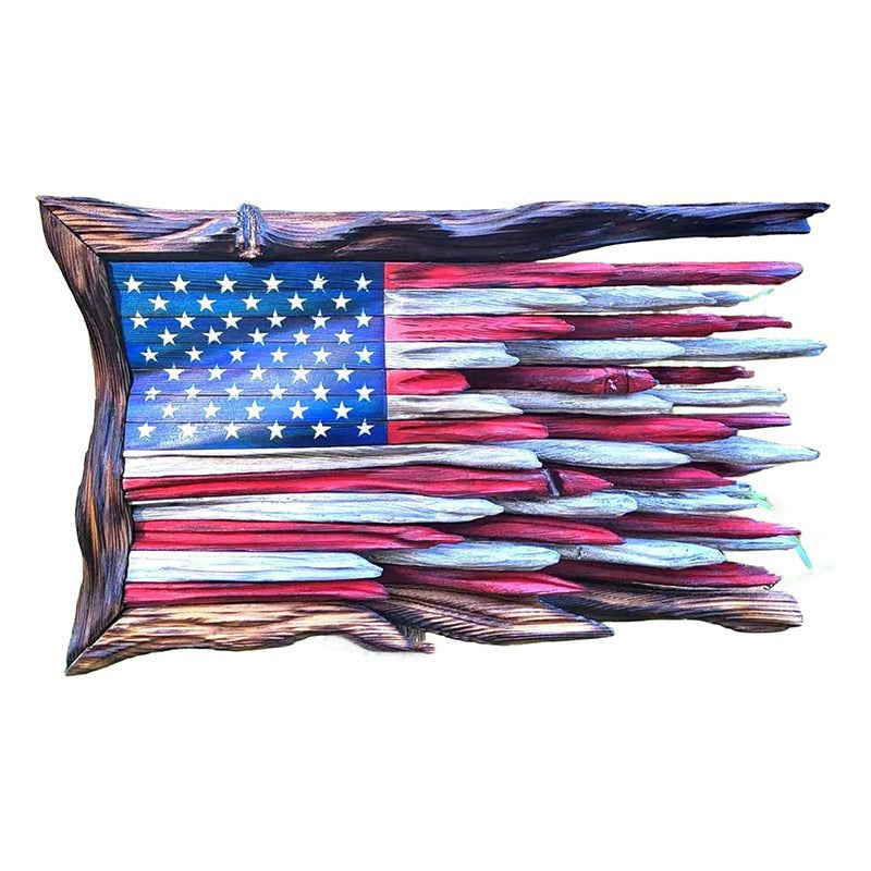 Front view of the layered wooden American flag wall art on a white background