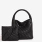 Black woven PU leather bucket bag with plaited handle and matching black woven zip pouch in front