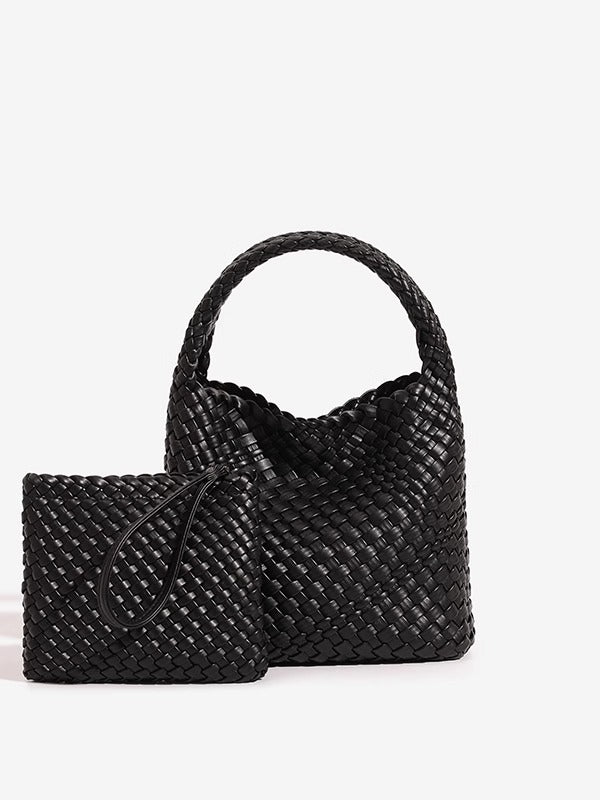 Black woven PU leather bucket bag with plaited handle and matching black woven zip pouch in front