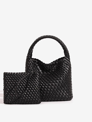 Black woven PU leather bucket bag with plaited handle and matching black woven zip pouch in front