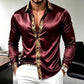 Burgundy satin long sleeve shirt with a gold ornamental band on the placket and cuffs, Burgundy M option