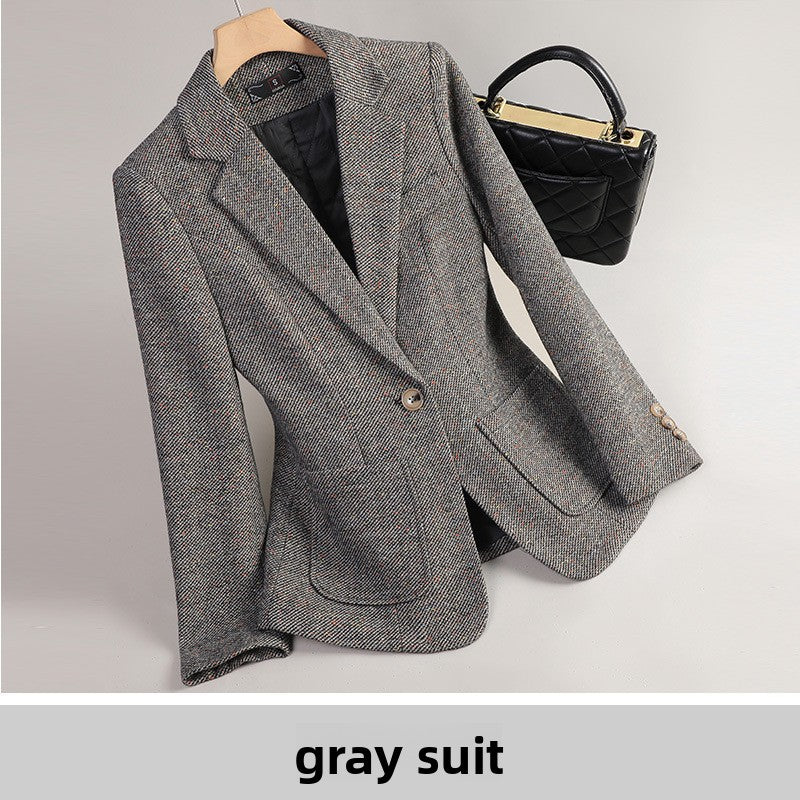 Grey herringbone blazer with one button and patch pockets, option photo captioned gray suit, view 1 of 7