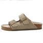 pair of dark brown cork footbed sandals with two buckle straps, front view