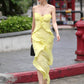 Yellow Spaghetti Strap Dress Slim Fit Irregular Long Dress