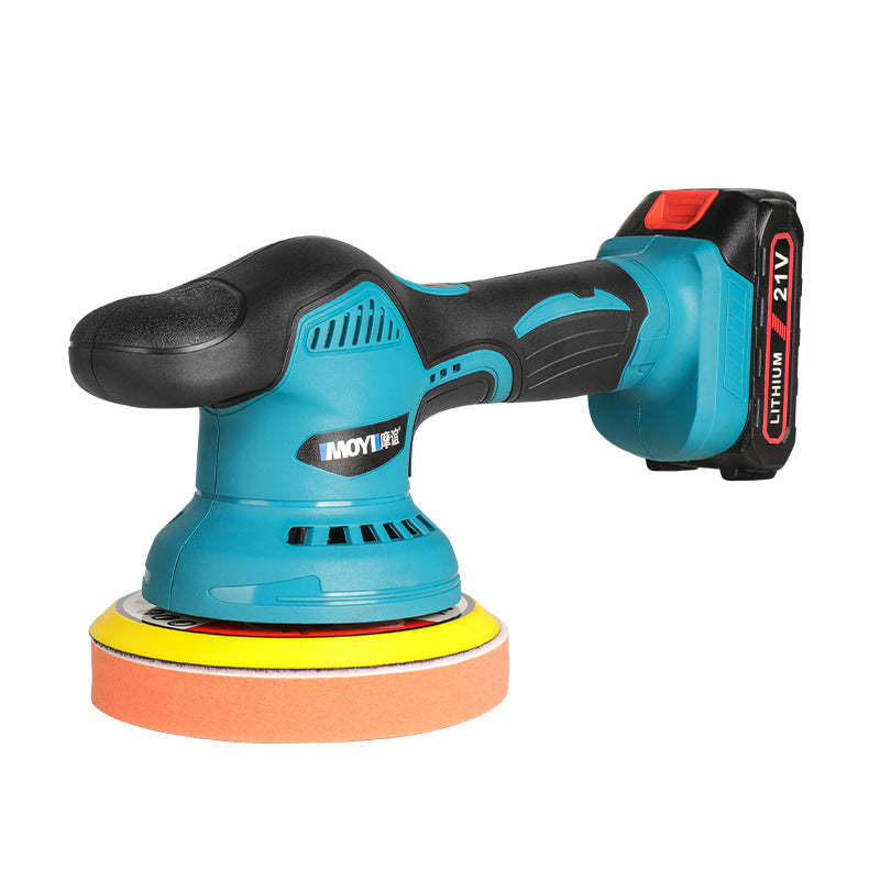 MOYI teal and black cordless eccentric polishing machine with 21V lithium battery and orange sponge pad