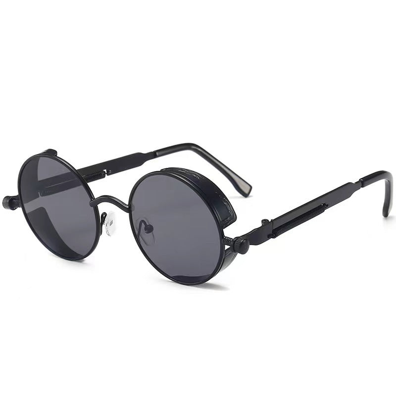 Retro round steampunk metal frame sunglasses shown as a studio product photo