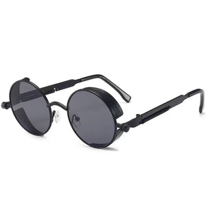 Retro round steampunk metal frame sunglasses shown as a studio product photo
