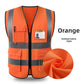 Orange knit reflective work vest with gray reflective strips, chest pocket and zip front