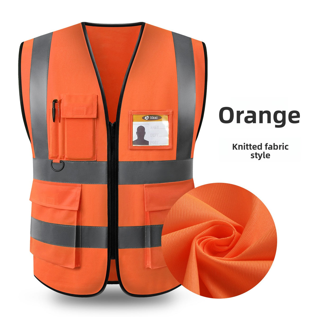 Orange knit reflective work vest with gray reflective strips, chest pocket and zip front