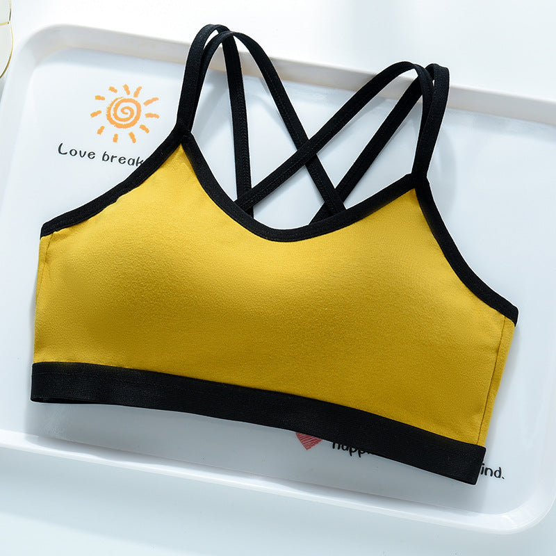 Yellow bra top with black trim and black crossed back straps on a white tray, Yellow option, size M