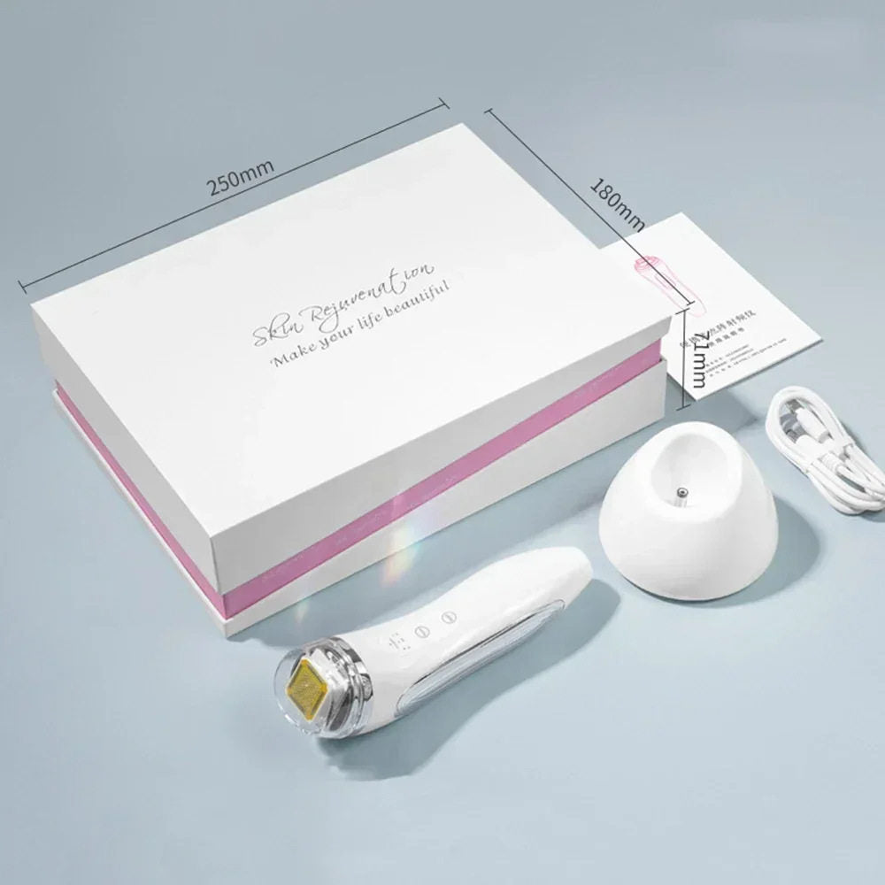 RF facial skin device held in one hand during an at-home facial care session