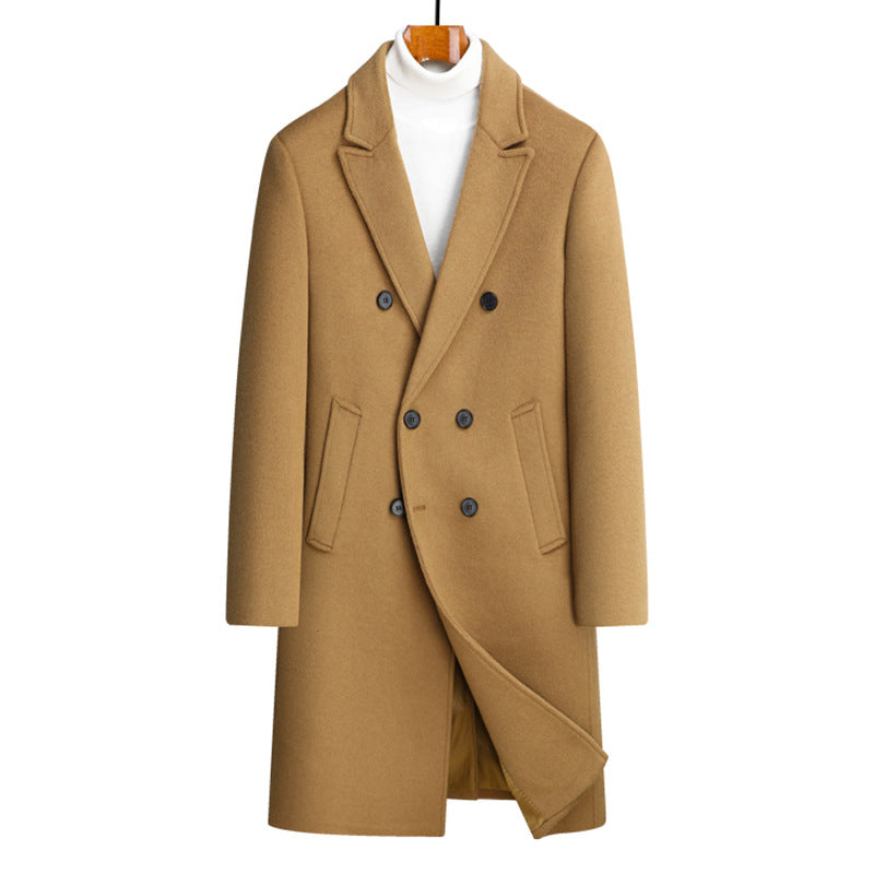 Camel mid-length double breasted wool blend coat on a hanger, option photo for L | US 40 / EU 50