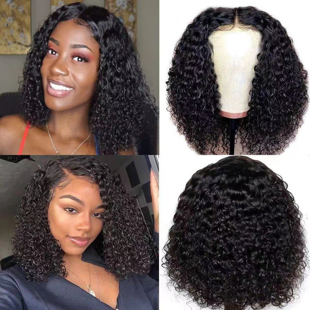 Short water wave curly bob wig shown front on and on a mannequin head