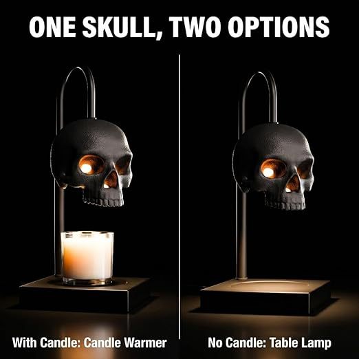 Black skull candle warmer lamp with light glowing out through the eye sockets over a jar candle