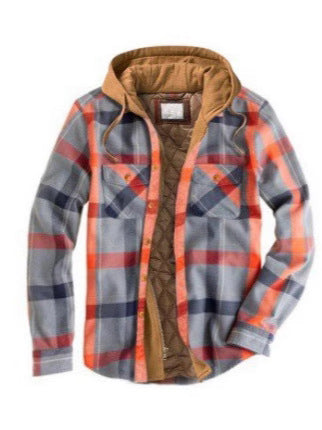 Contrast tan drawcord hood on the plaid checkered jacket