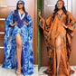 Tie dye satin finish kaftan maxi dress shown in blue and orange colorways on standing models