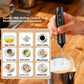 Black handheld electric milk frother whisking foam in a steel jug with nine drink and egg uses listed