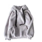Gray sherpa fleece hoodie with ribbed hem and a drawstring hood, relaxed fit