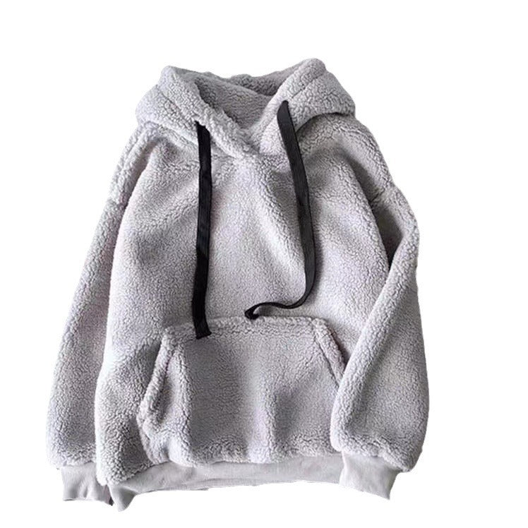 Gray sherpa fleece hoodie with ribbed hem and a drawstring hood, relaxed fit