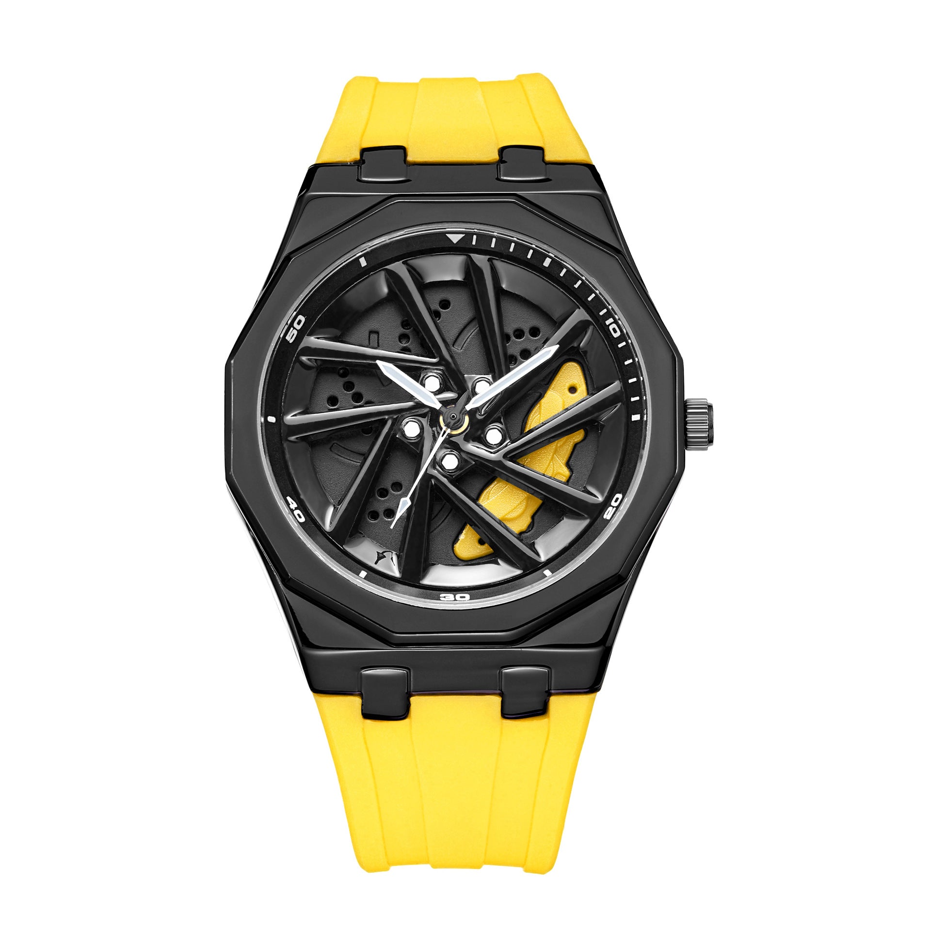 Close up of the silicone strap texture and pin buckle on the car wheel watch