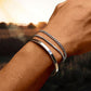 Layered stainless steel bracelet set shown on a wrist with mixed chain textures