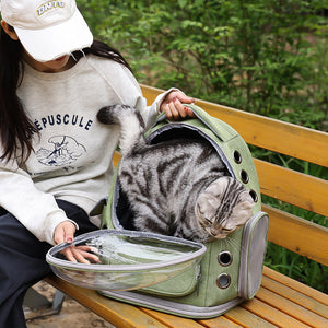 Front view of the transparent bubble pet backpack showing padded straps and a zip pocket