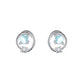 Saturn moonstone-look planet stud earrings in silver tone, opalescent bead ringed by an open orbital loop