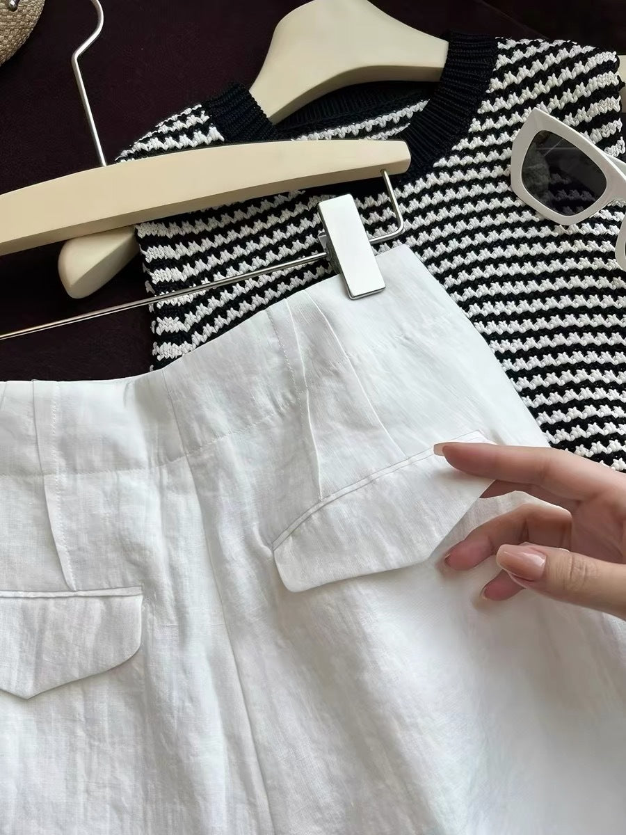 White linen shorts back flap welt pocket detail with striped knit top