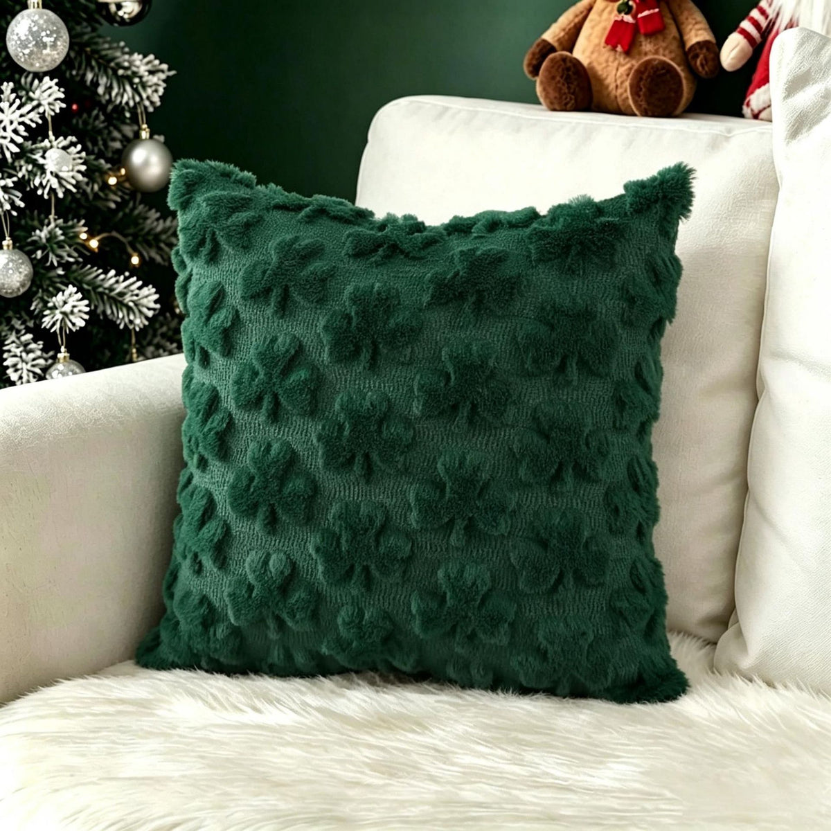 Plush carved cushion cover with carved Christmas trees on a beige plush cover, view 16