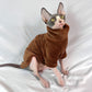 Light green mink velvet cat sweater shown on a Sphynx cat indoors