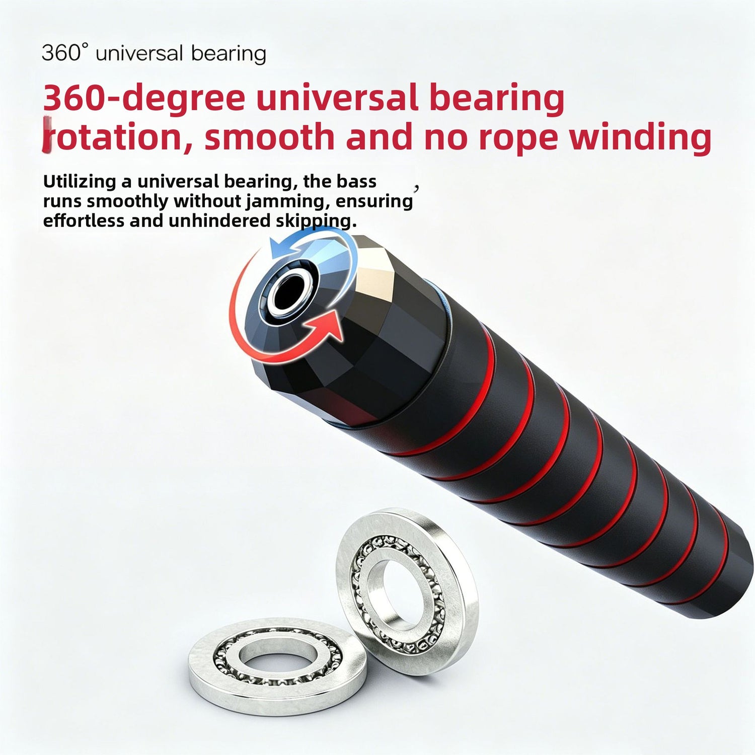 Handle end of the skipping rope beside two open ball bearing rings on white