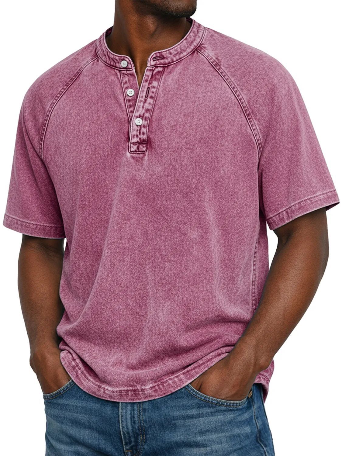 Washed denim henley shown laid flat to display the full shirt