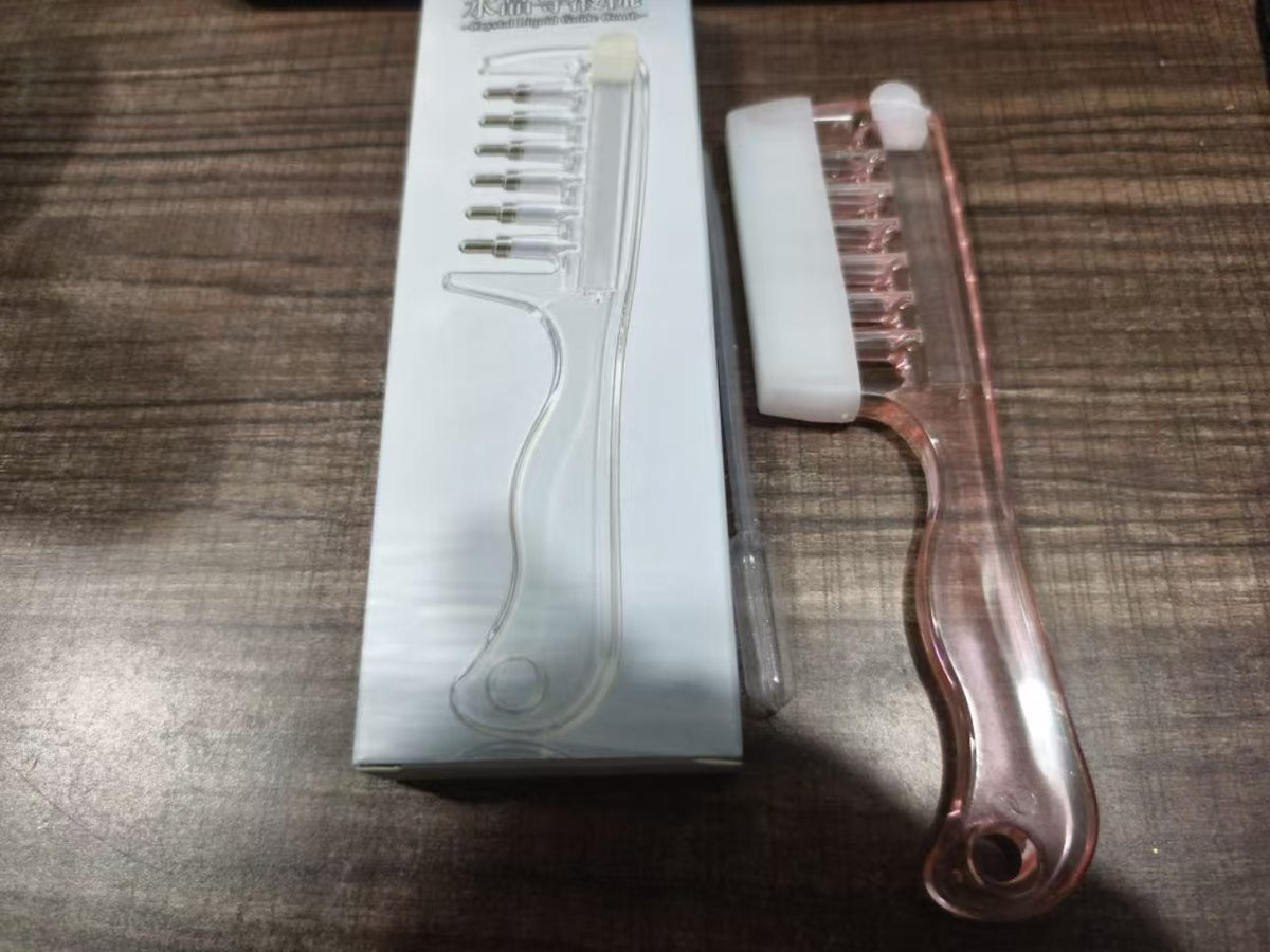Clear scalp serum comb held to part the hair and apply liquid at the roots