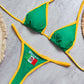 Brasil flag bikini set flat lay with halter top and thong brief