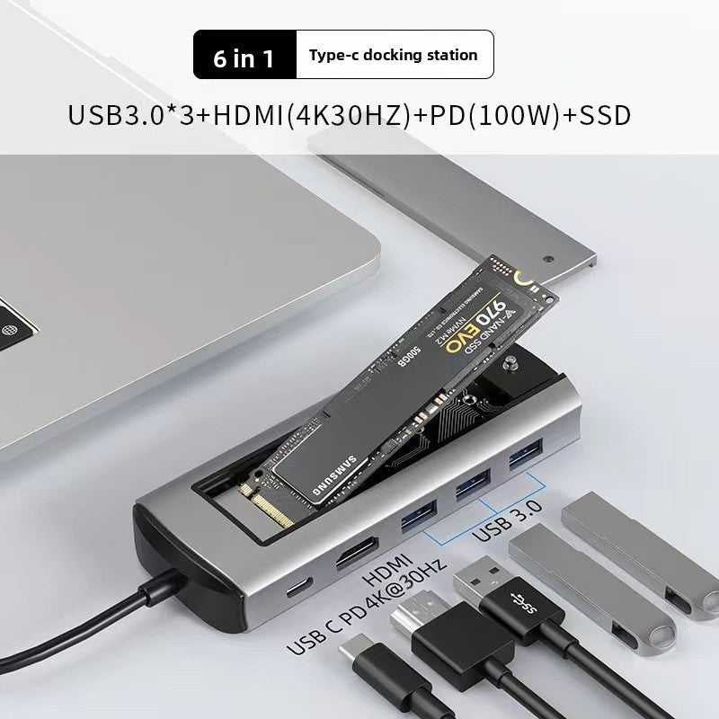 Six in one Type-C dock with an M.2 NVME SSD sliding into the built-in storage slot