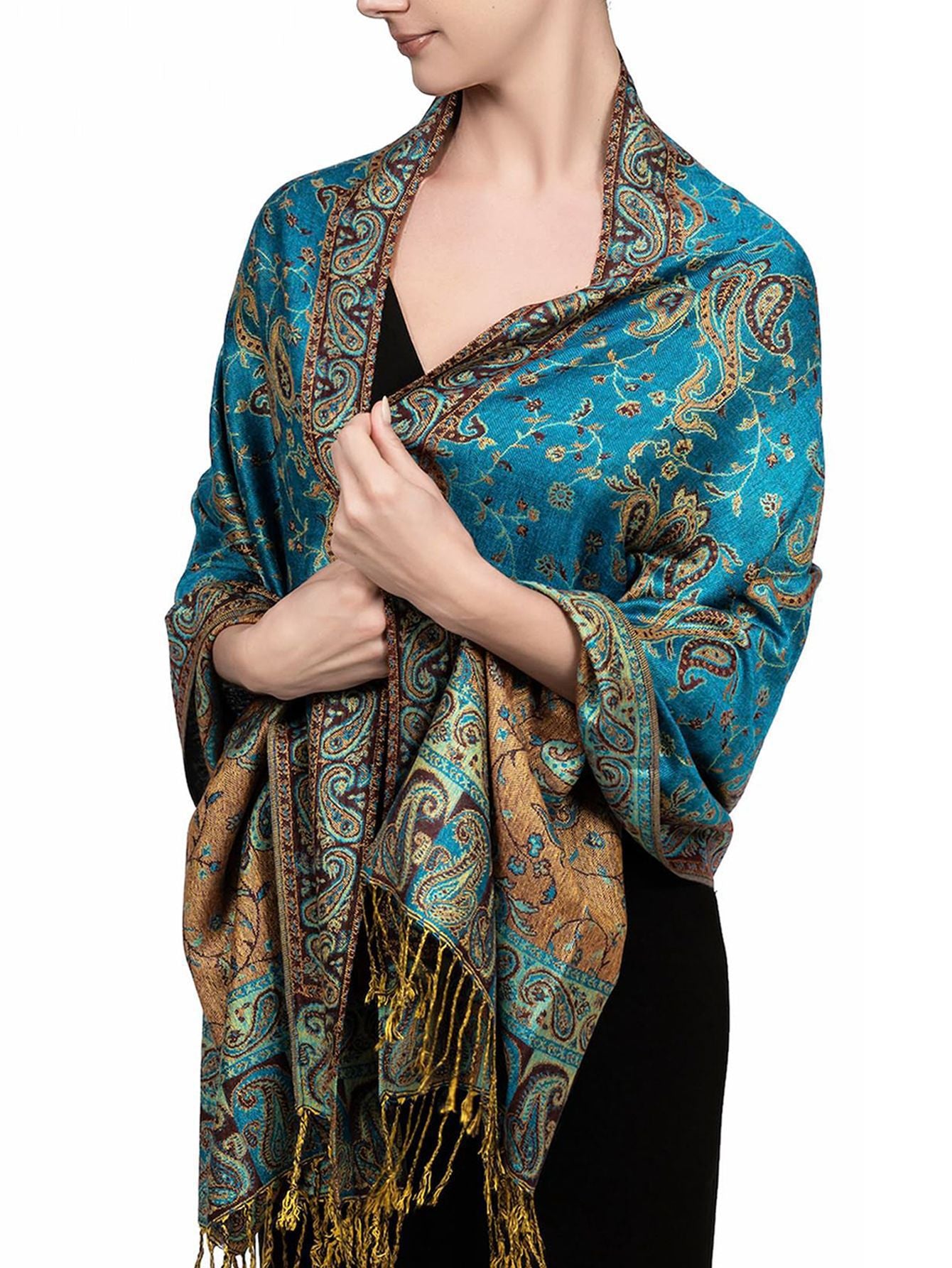 Teal blue paisley tassel shawl wrap worn draped over the shoulders with tasseled fringe ends
