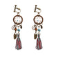 Bohemian tassel and bead clip-on drop earrings, aged tone zinc alloy frame, handmade pair on plain white background