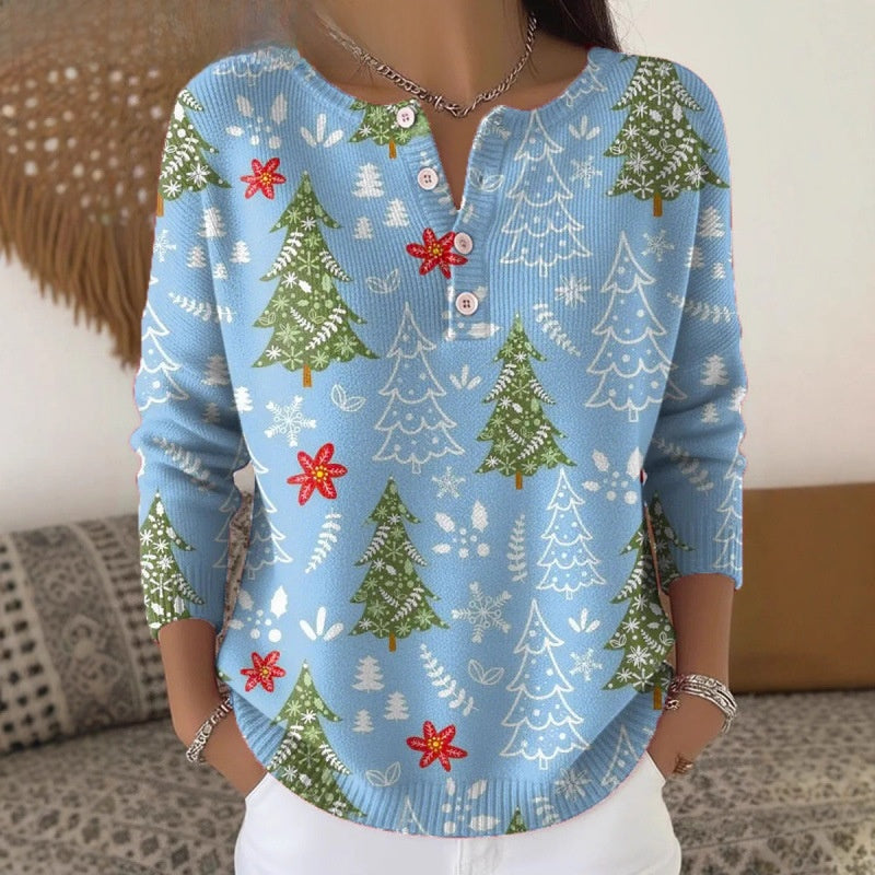 Side view of the festive Henley knit top showing long ribbed cuff sleeve