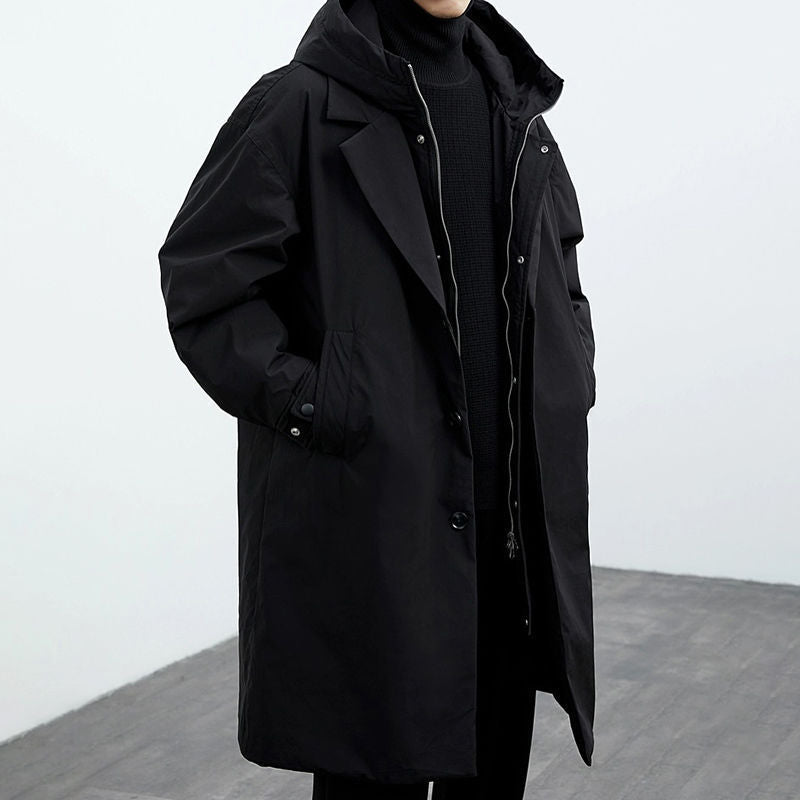 Black lightweight hooded coat with notch lapels and layered zip hood, option photo for size M