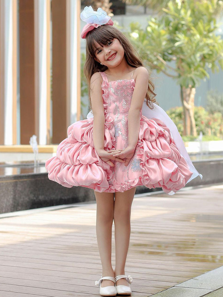 Girls' Lolita princess bow dress in pink, full front view