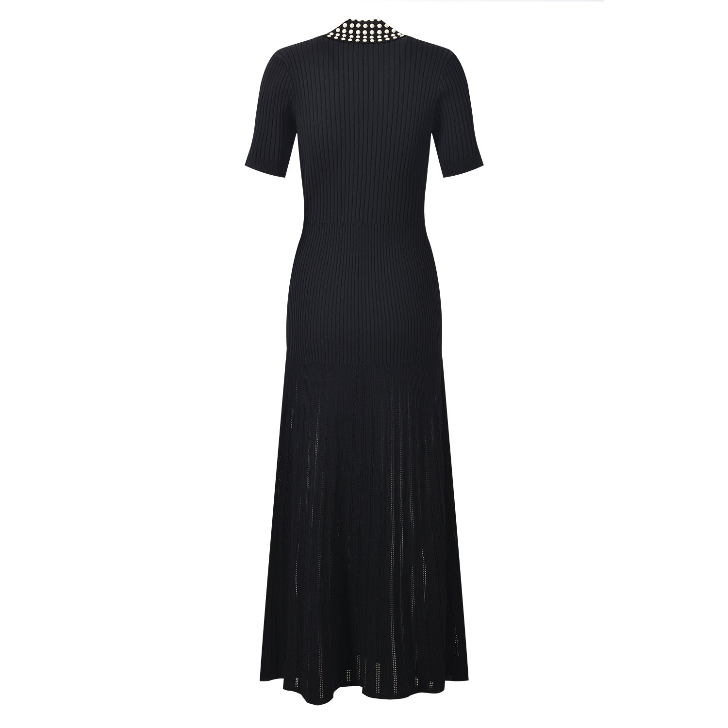 Black V-neck beaded dress worn in a lifestyle setting