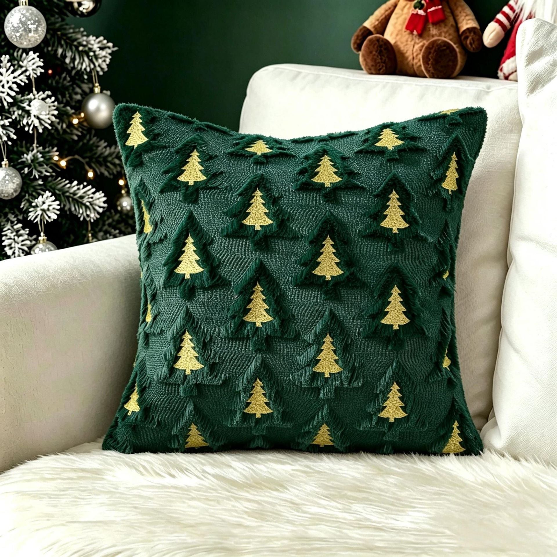 Plush carved cushion cover with gold flecked clovers on a deep green plush ground, view 43